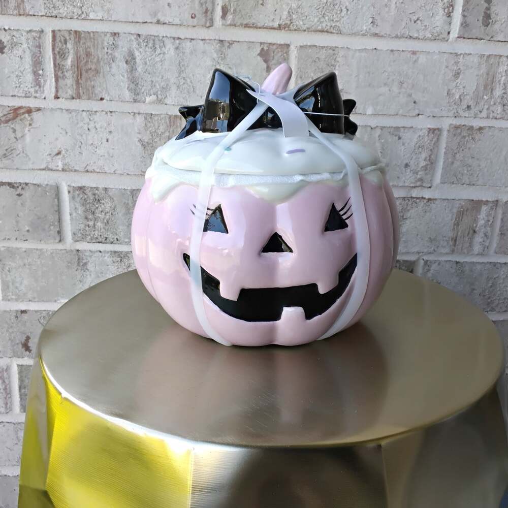 Pastel Pink Ceramic Halloween Jack-o'-Lantern Jar with Black Bow Lid